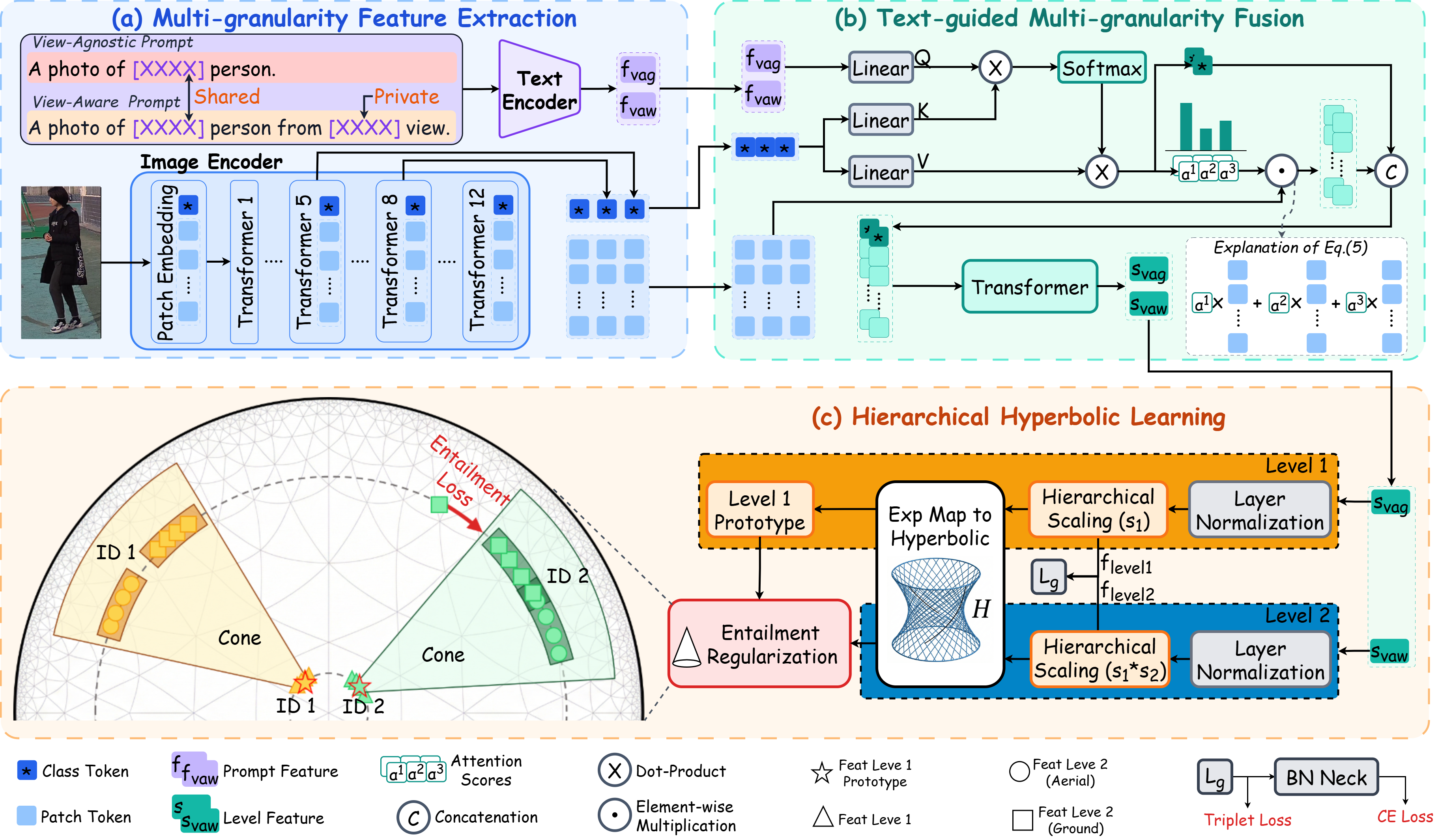 Figure 2: Illustration of our proposed framework. It includes three key modules, i.e., Multi-granularity Feature Extraction (MFE), Text-guided Multi-granularity Fusion (TMF) and Hierarchical Hyperbolic Learning (HHL).