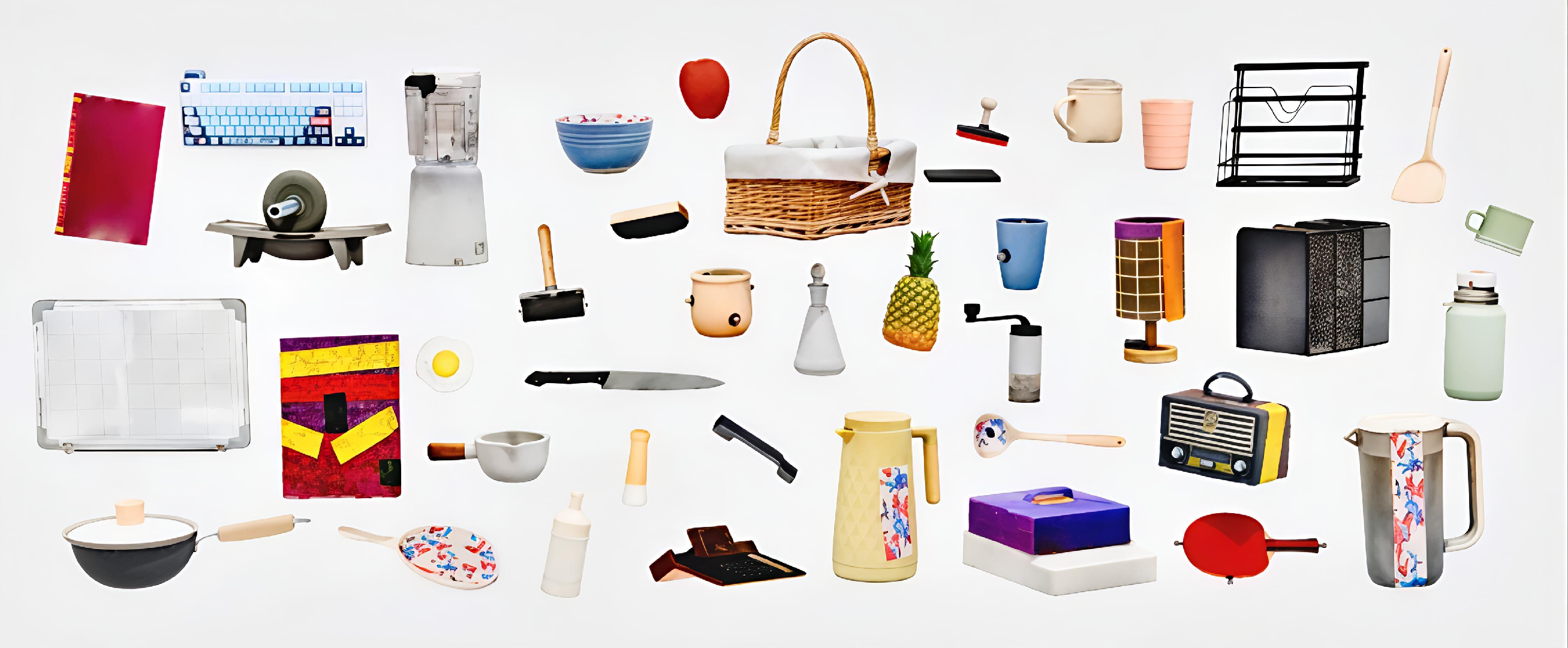 Figure 5: Object Inventory of TactiDex. Rendered meshes of the 49 diverse everyday objects utilized in our data collection. The collection spans a wide range of geometries, physical scales, and functional categories. Notably, our inventory intentionally includes matching multi-part object pairs (e.g., teacups with lids, grinders with rods) to explicitly facilitate complex, long-horizon bimanual interactions and tool use.