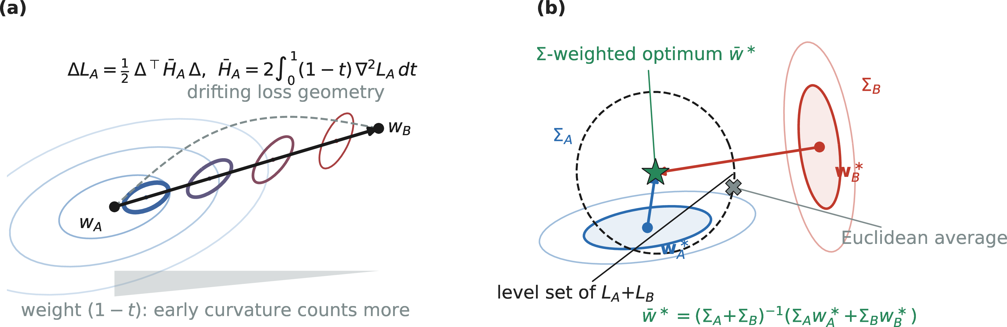 Figure 3: Geometry of the general identities. (a) Beyond frozen features the quadratic form survives with \Sigma_A replaced by the path-averaged curvature \bar H_A: the local curvature of L_A rotates and rescales along the segment w_A\!\to\!w_B (ellipses, blue\tored), earlier points weighted by (1-t) (wedge), and the straight chord stands in for the drifted geodesic (dashed) (Theorem 2). (b) Optimal merging is \Sigma-weighted, not Euclidean: drawn from the exact 2{\times}2 geometry, the joint optimum \bar w^\ast (star) minimizes L_A{+}L_B, while the Euclidean average (cross) sits strictly outside the optimum’s level set and pays avoidable interference (Theorem 4).