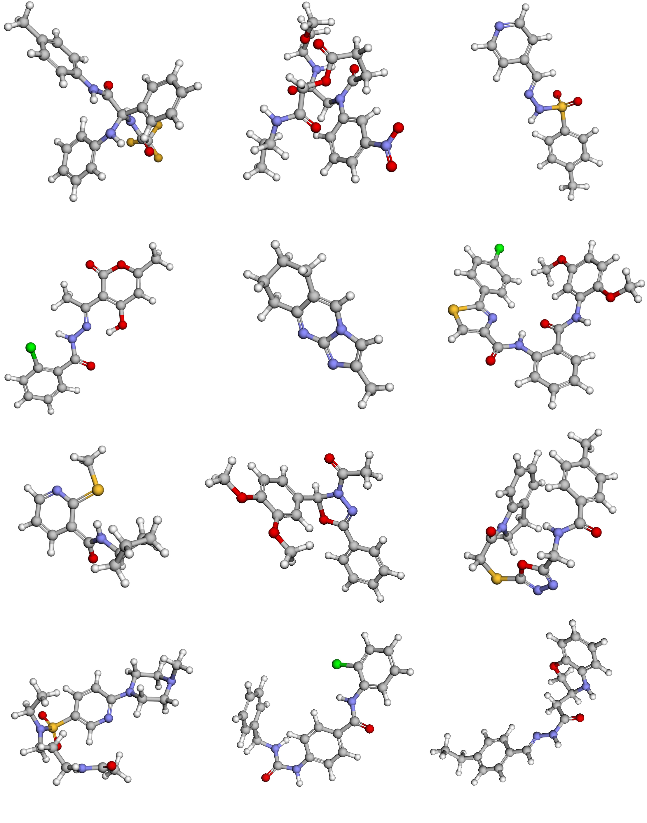 Figure 10: Examples of 3D molecules generated by KRONOS trained on GEOM-Drugs dataset.