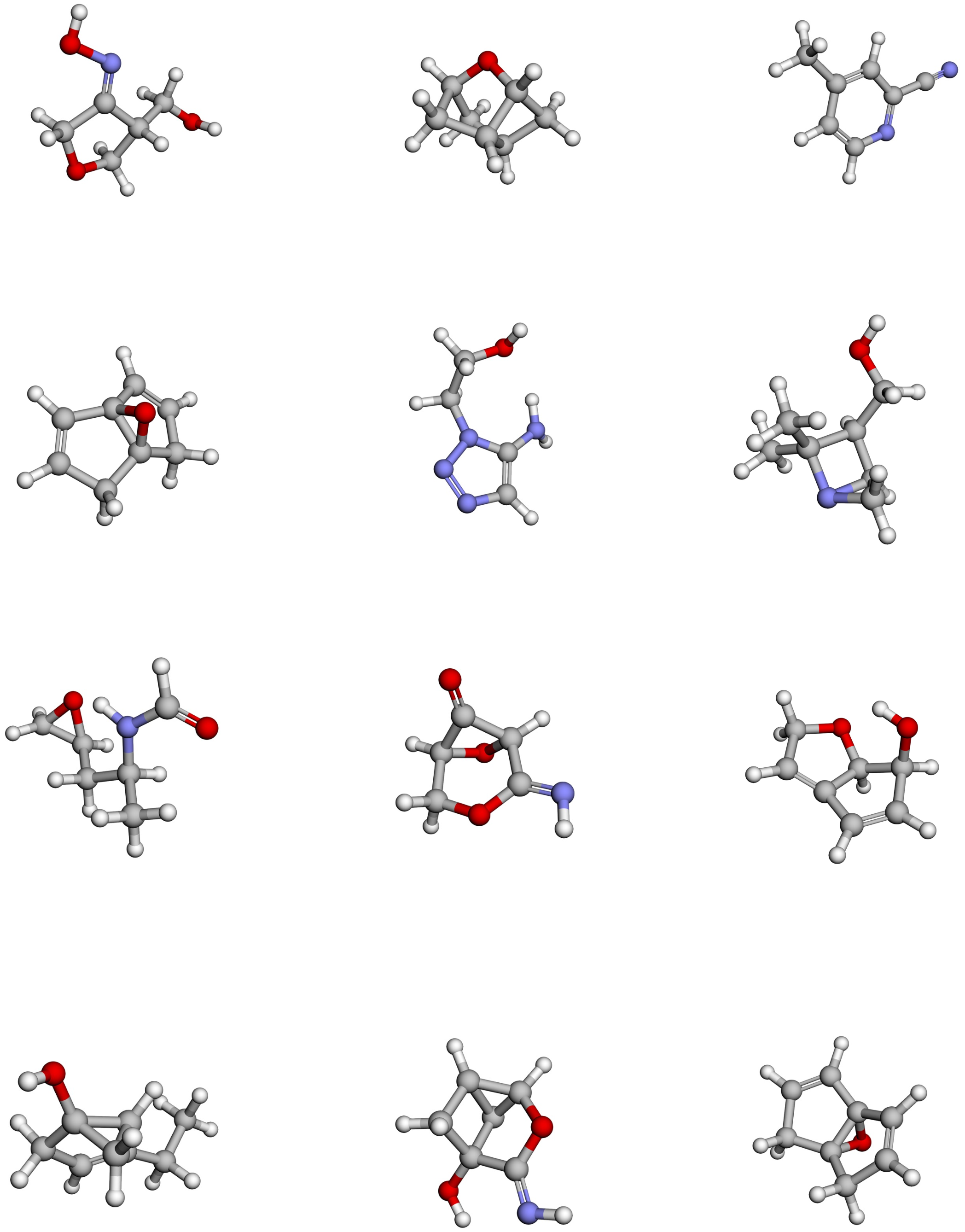 Figure 9: Examples of 3D molecules generated by KRONOS trained on QM9 dataset.