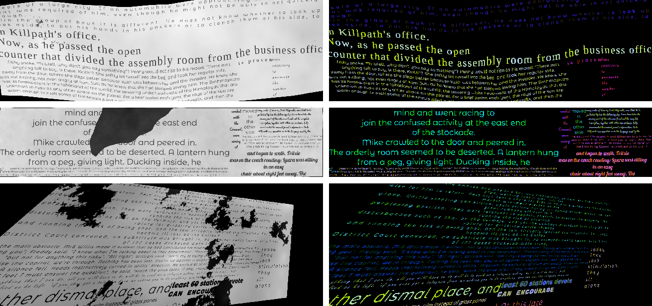 Figure 3: Synthetic pseudo-pages (left) and their multiplexed segmentation maps (right). The segmentation maps encode font family, font size, and character identity in the RGB channels.