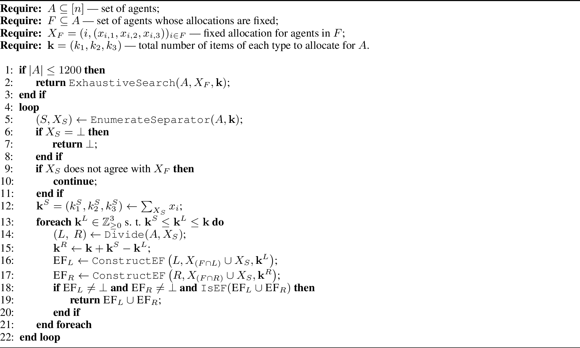 Figure 2: ConstructEF(A,X_F,\mathbf{k}): a recursive subexponential algorithm that constructs an EF allocation of a subset of items defined by \mathbf{k} to a set of agents A, in a way that extends a partial allocation X_F.