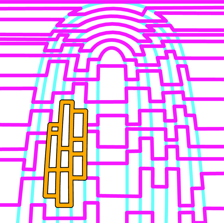 Figure 17: The (4 \times 4)-mesh – depicted in yellow – made from the cycles of \mathcal{C} – depicted in blue – and the paths from the loops – depicted in magenta.