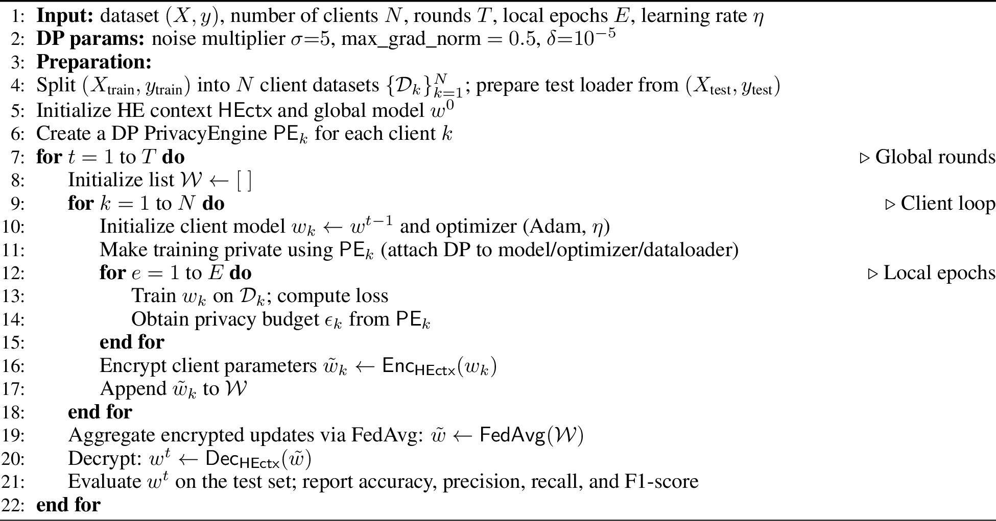 Figure 2: Federated learning with differential privacy (DP) and homomorphic encryption (HE)