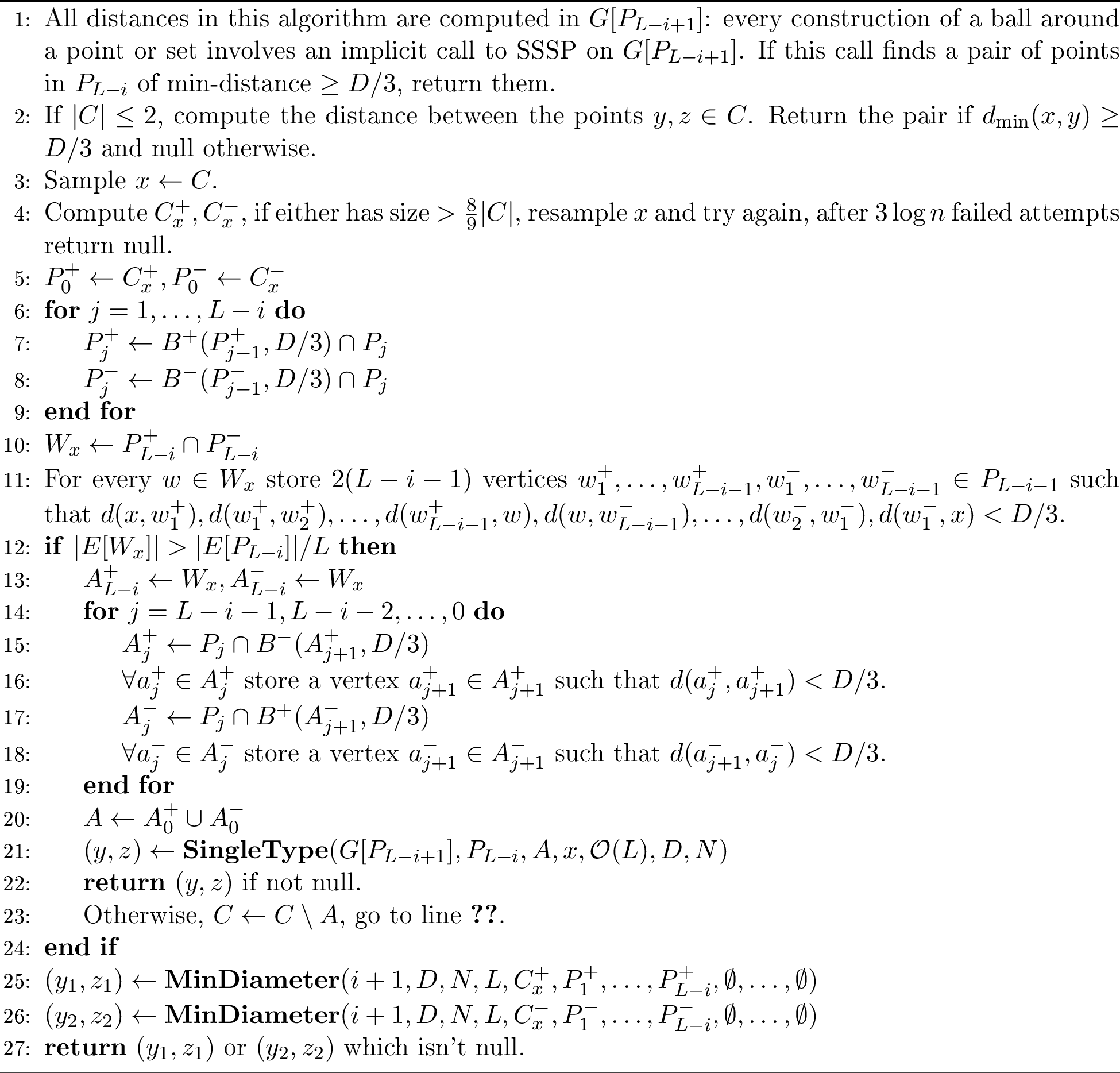 Figure 2: \operatorname*{\mathbf{MinDiameter}}(i, N, D, L, C, P_1, \ldots, P_{L+1})