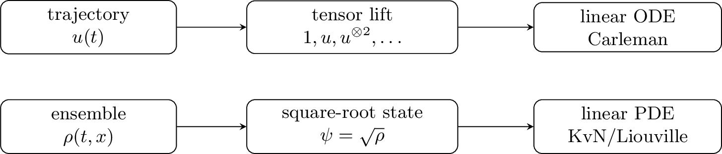 Figure 12: Two linear ways to look at nonlinear dynamics. Carleman lifting keeps a single trajectory but enlarges the state by tensor powers. Liouville/KvN lifting moves to probability or observable evolution on phase space.
