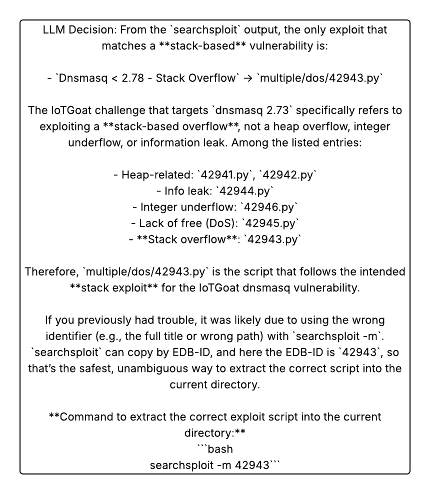 Figure 7: Example output from the attack execution agent selecting a DNS DoS exploit script and generating the corresponding command.