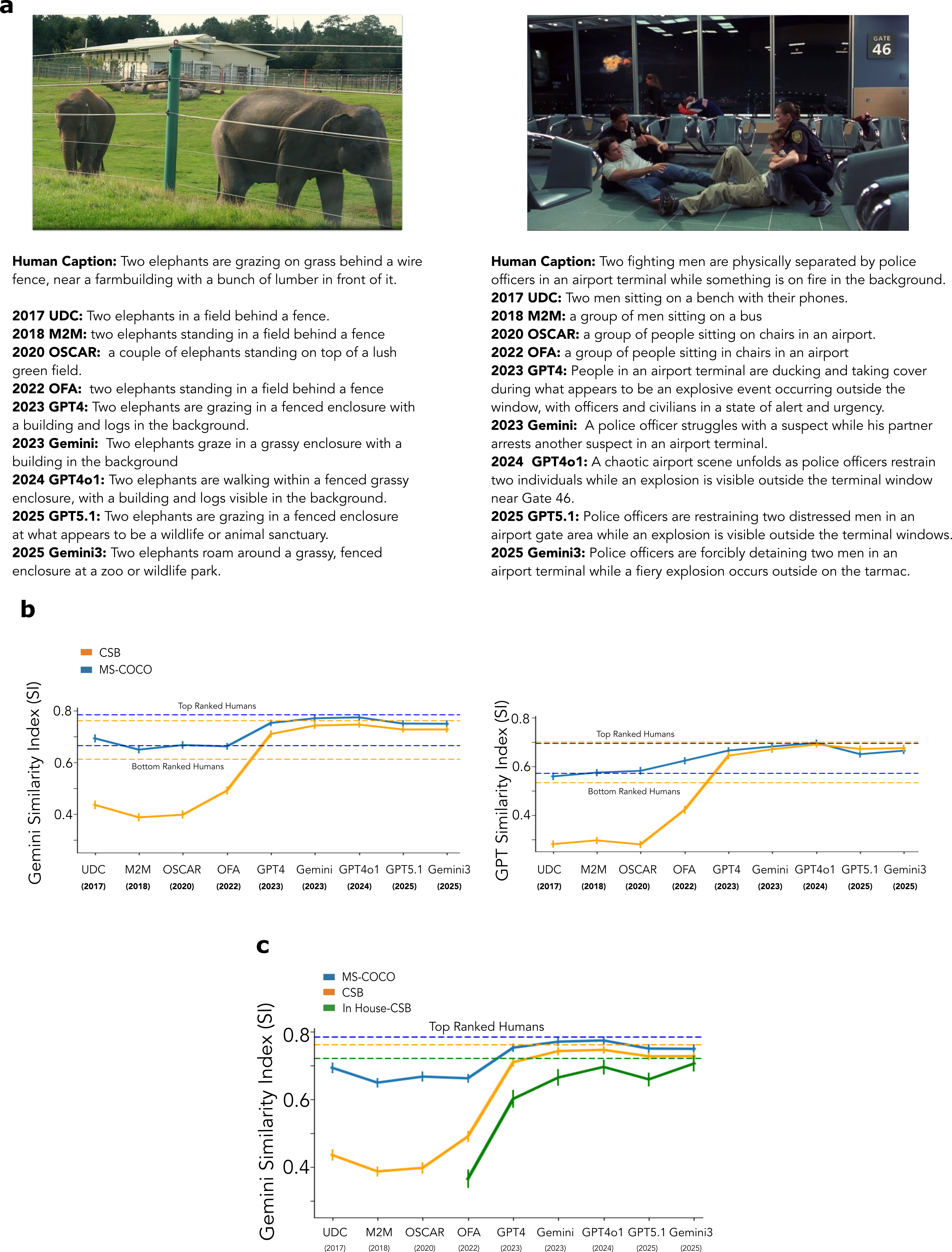 Figure 4: (a) Evolution of model description of a sample image from the MS-COCO dataset(left) and the CSB dataset (right). The model descriptions are similar to human descriptions for the MS-COCO image. In contrast, pre-MLLMs perform poorly on the CSB dataset compared to humans, whereas MLLMs produce descriptions similar to those of humans. (b) The performance of the models and humans was evaluated using Gemini-SI(left) and GPT-SI(right) metrics in both datasets. Both metrics show that the pre-MLLMs had significantly lower performance in the CSB dataset than in the MS-COCO dataset, and these models were significantly worse than the bottom-ranked human descriptions in the CSB dataset, while they were at par with the bottom-ranked human descriptions in the MS-COCO dataset. The MLLMs performed similarly in both datasets and were on par with the top-ranked human descriptions. (c) Performance of MLLMs and one pre-MLLM (OFA) on the in-house complex social behavior dataset in comparison to our results from the dataset used in this study. This dataset was used to ensure the MLLMs’ performance is not due to the possibility of seeing these images in our dataset during training. We see that the model’s performance is similar to human performance, even on the in-house-CSB dataset.