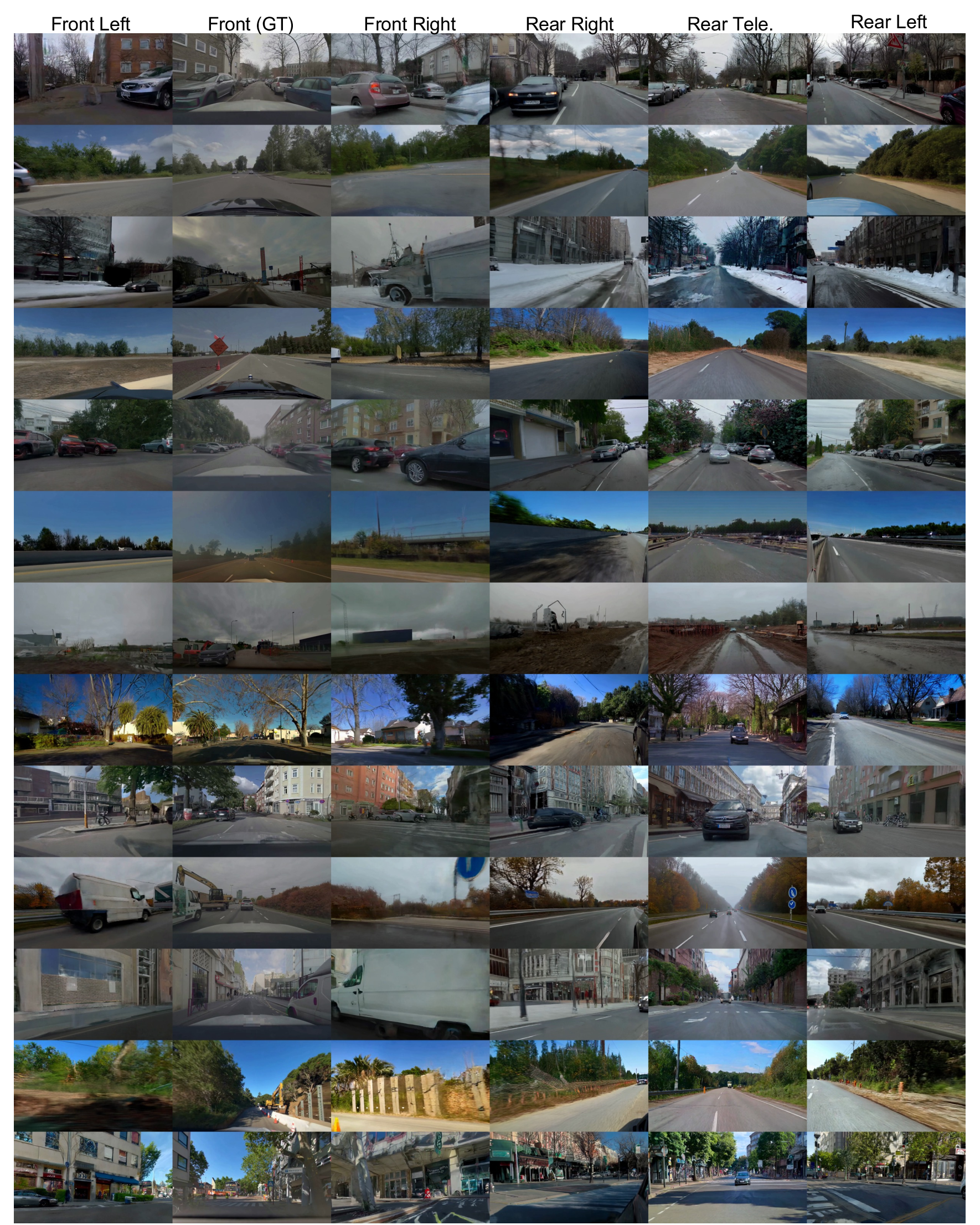 Figure 13: Qualitative multi-view generation results on long-tail driving examples at the last frame. Each row corresponds to one data example, and each column shows one generated camera view in the order: left, front, right, rear-right, rear, and rear-left.