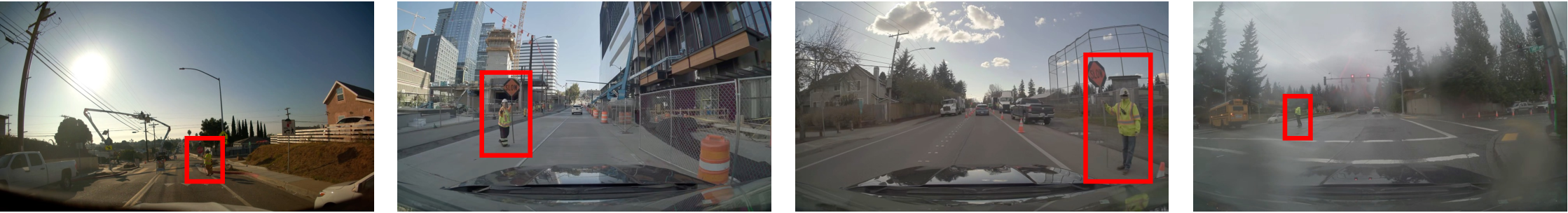 Figure 8: Representative human-directed complex intersection examples from PAV [15]. Our long-tail data includes scenarios where workers or police officers actively direct traffic using signs or gestures, requiring the policy to follow temporary human guidance instead of relying only on static road geometry. These human-guided cases are largely missing from the Waymo E2E [4].