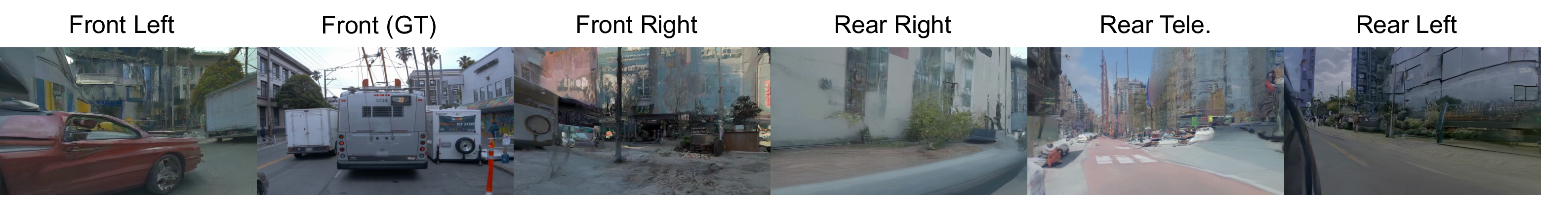 Figure 5: Qualitative results on Waymo E2E long-tail data. We apply OpenLongTail to external long-tail driving videos and synthesize synchronized target views. Given the observed front view, our model generates spatially coherent side and rear views while preserving the overall scene layout and driving context. Please refer to the supplementary material for more results.