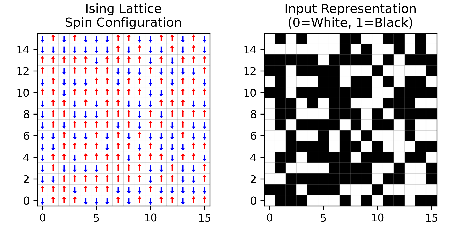 Figure 1: Ising model spin configurations on a square lattice (left) are mapped to a binary representation (right). Spins pointing down (blue) are mapped to zero (white) and spins pointing up (red) to one (black). The two-dimensional binary representation is converted to floating-point numbers and flattened into a one-dimensional vector. This one-dimensional pixel vector serves as input to an autoencoder.