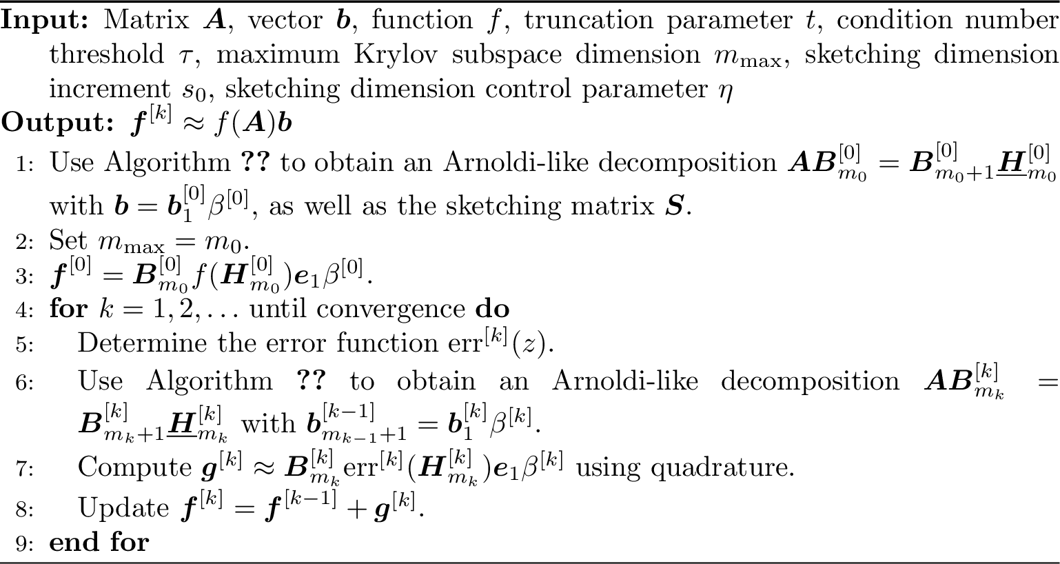 Figure 6: Restarted adaptive Krylov subspace methods for computing f(\boldsymbol{A})\boldsymbol{b}