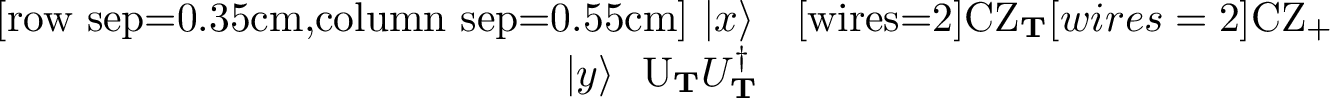 Figure 1: Optimized Clifford cocycle oracle U_\chi. The transformU_{\mathbf{T}} maps \ket{y} to \ket{\mathbf{T} y}. The layer\mathrm{CZ}_{\mathbf{T}} produces the phase (-1)^{x^T\mathbf{T} y}. The inverse transform uncomputes the second register, and \mathrm{CZ}_{+} contributes the remaining diagonal phase over the positive directions.