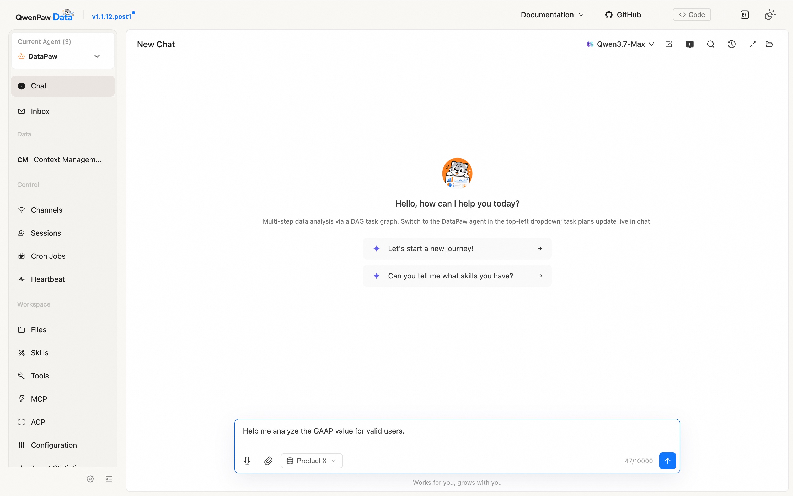 Figure 3: The ChatWeb interface of QwenPaw-Data, delivered as a plugin on top of QwenPaw.