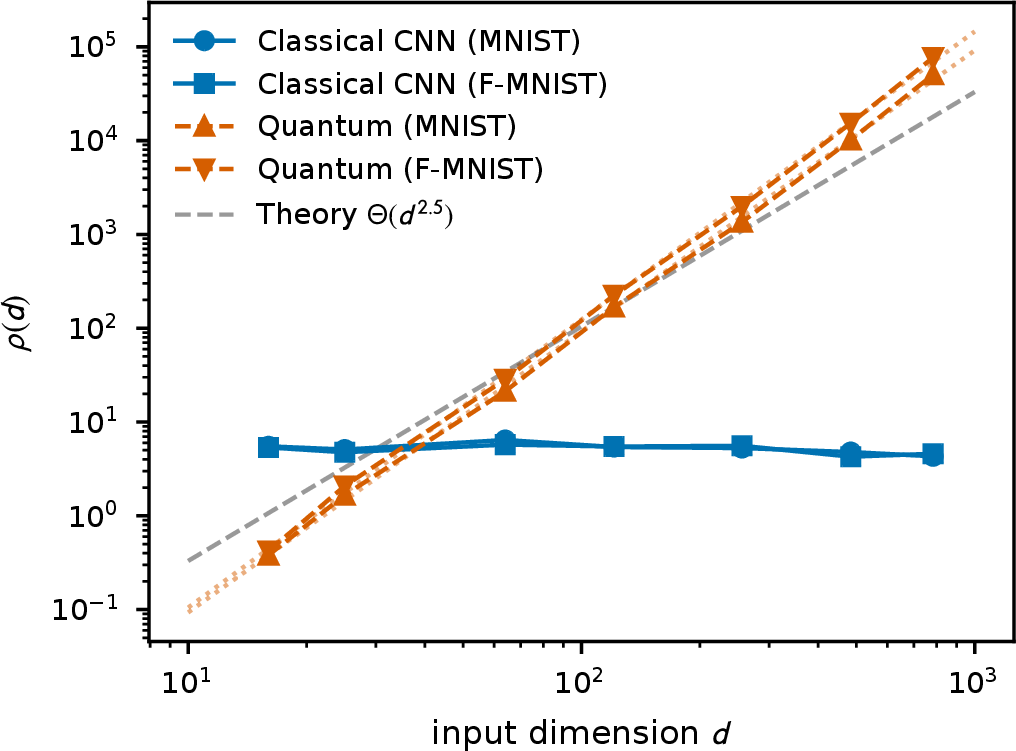 Figure 4: Gradient cost ratio \rho(d) on log–log axes. Classical CNN (blue): flat at \rho \approx 5, confirming O(1) scaling (Baur–Strassen). Quantum (red/orange): polynomial growth \propto d^{3.00} (MNIST), d^{3.07} (Fashion-MNIST). Dashed gray: \Theta(d^{2.5}) geometric-floor reference, anchored at the MNIST d{=}121 point. The quantum–classical overhead ratio grows as \Theta(d^{3.00}), with absolute value set by the forward-inference normalization (Table 4).