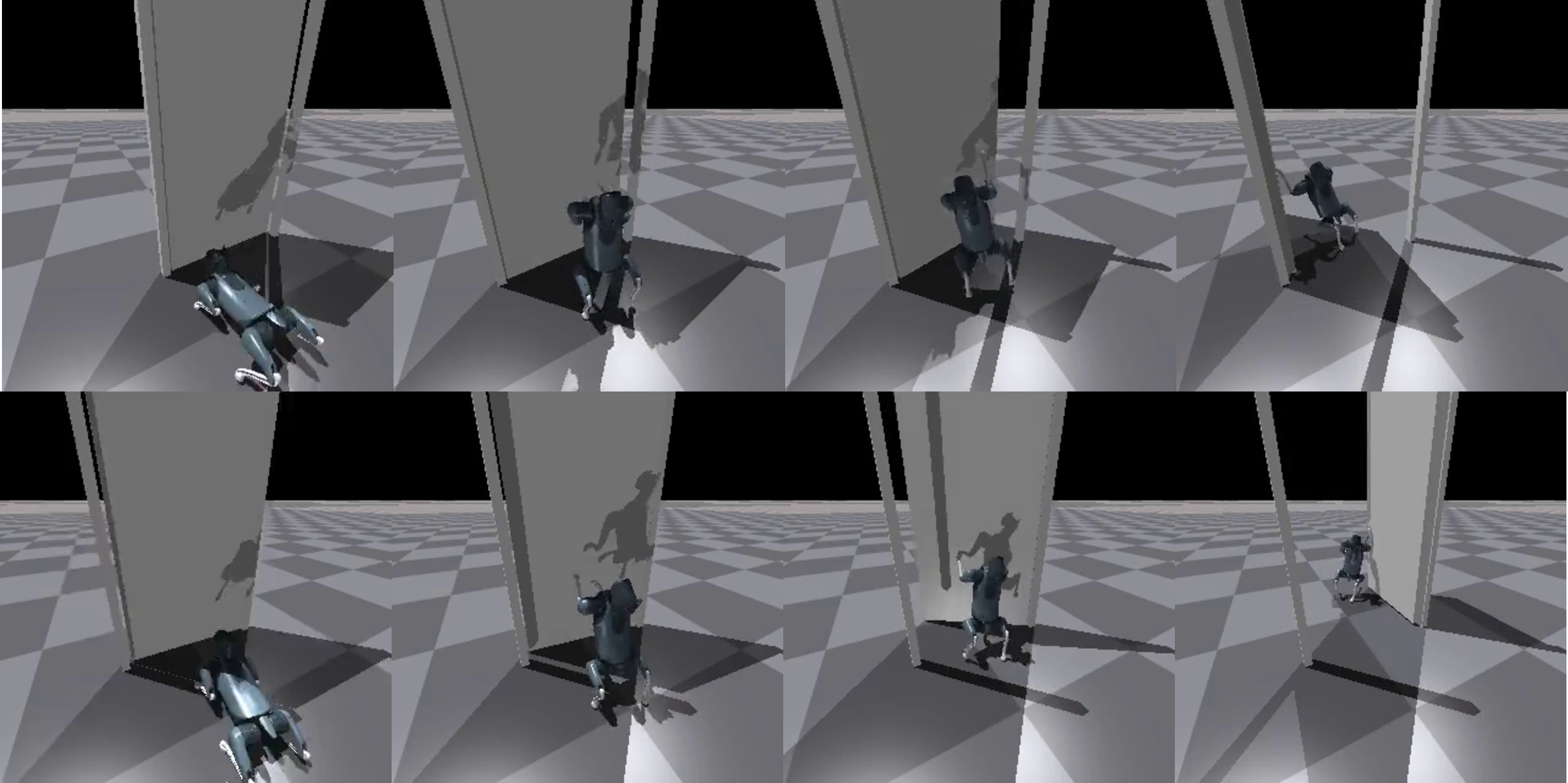 Figure 1: Comparison of SKooP performance on trained vs. mirrored push door task. Top row: right-opening door (training task). Bottom row: left-opening door (unseen symmetric task).