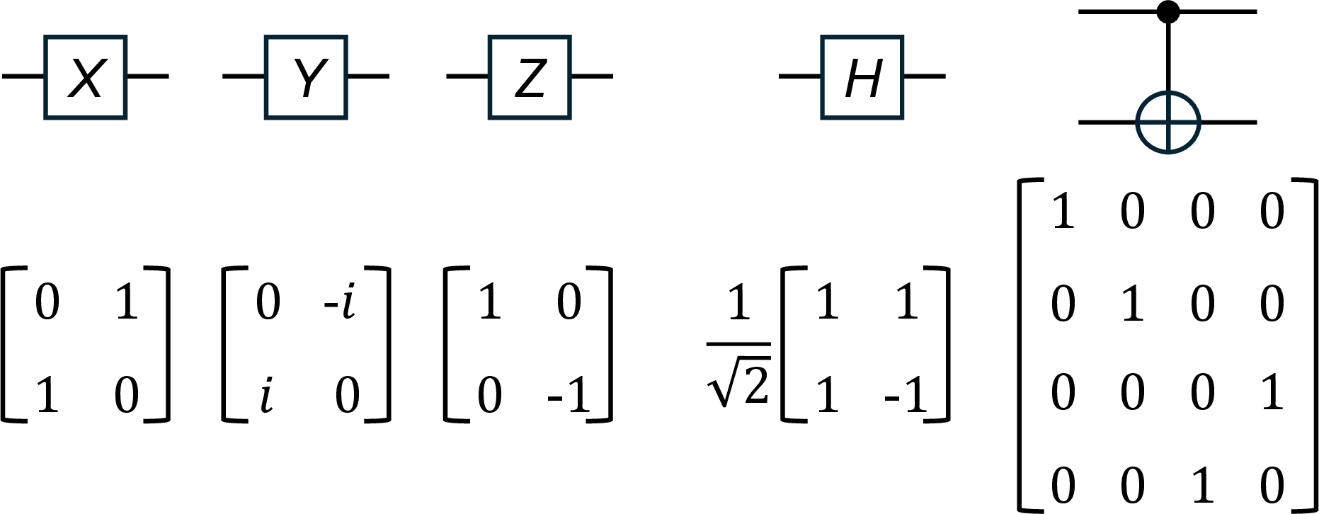 Figure 2: Common quantum gates with matrix representations: Pauli-X, Pauli-Y, Pauli-Z, Hadamard, and the two-qubit controlled-NOT (CNOT).