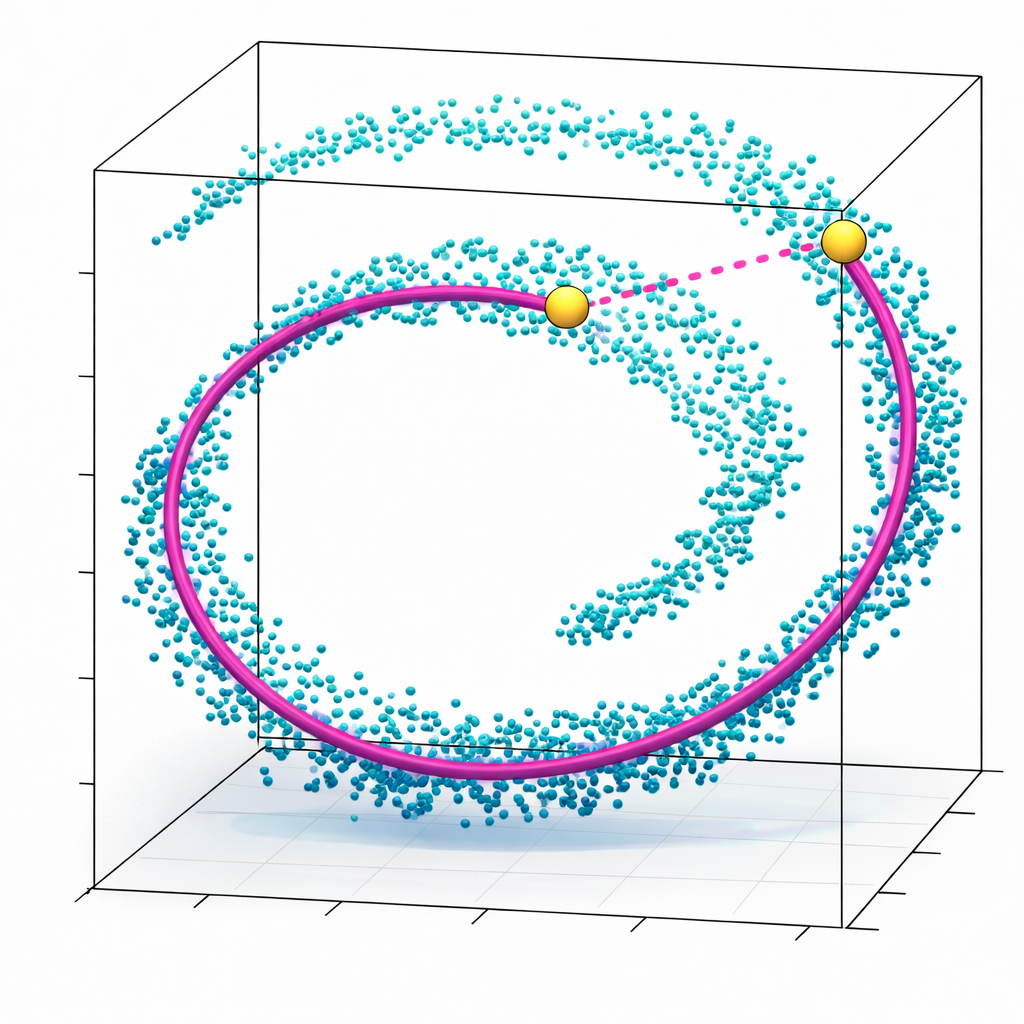 Figure 25: A swiss roll point cloud (see, for example, [@ISOMAP_paper_2000]). The points are sampled from a two dimensional manifold curved in \mathbb{R}^3 and then a graph is constructed where nodes correspond to points.