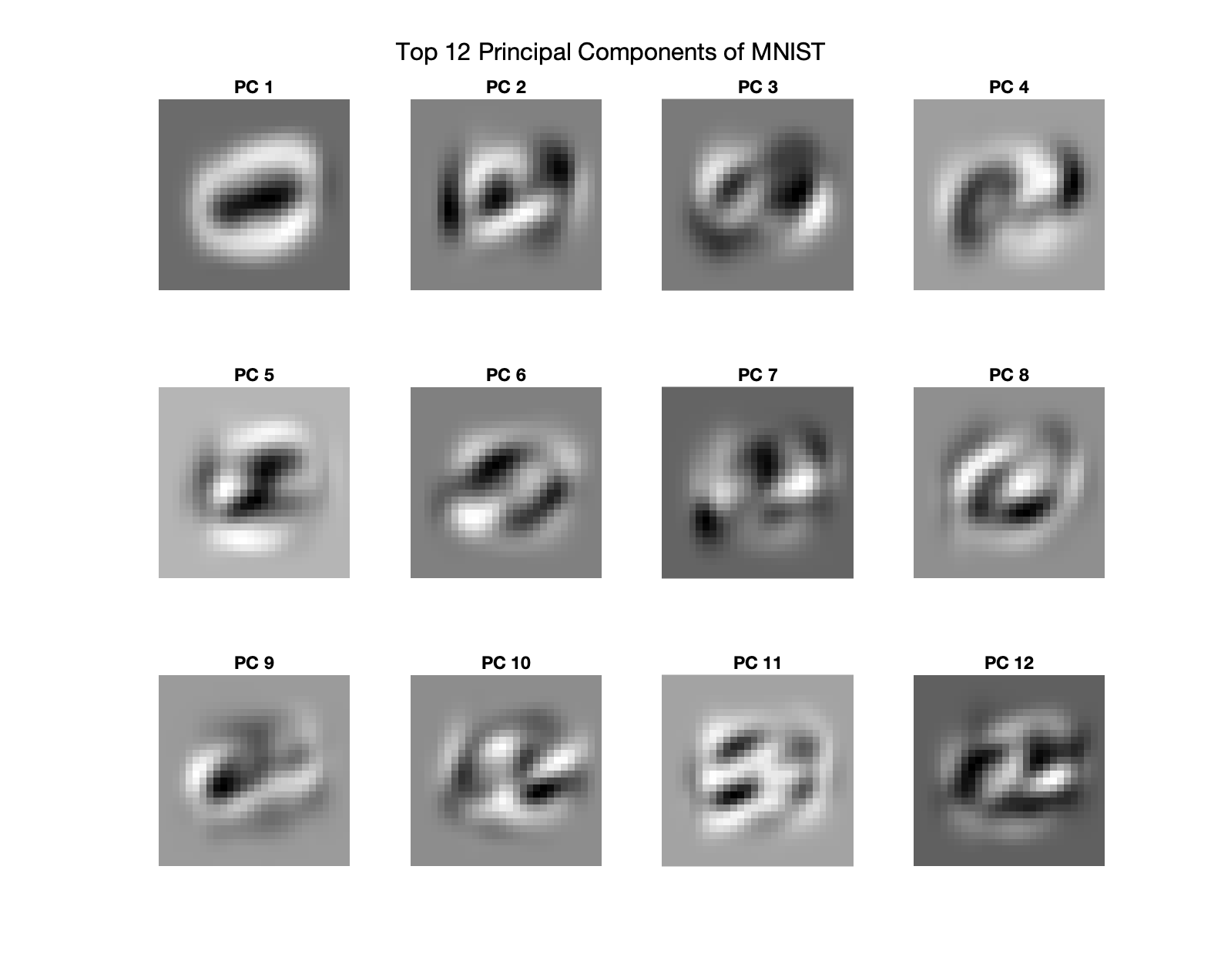 Figure 7: The first twelve principal components of the MNIST images.