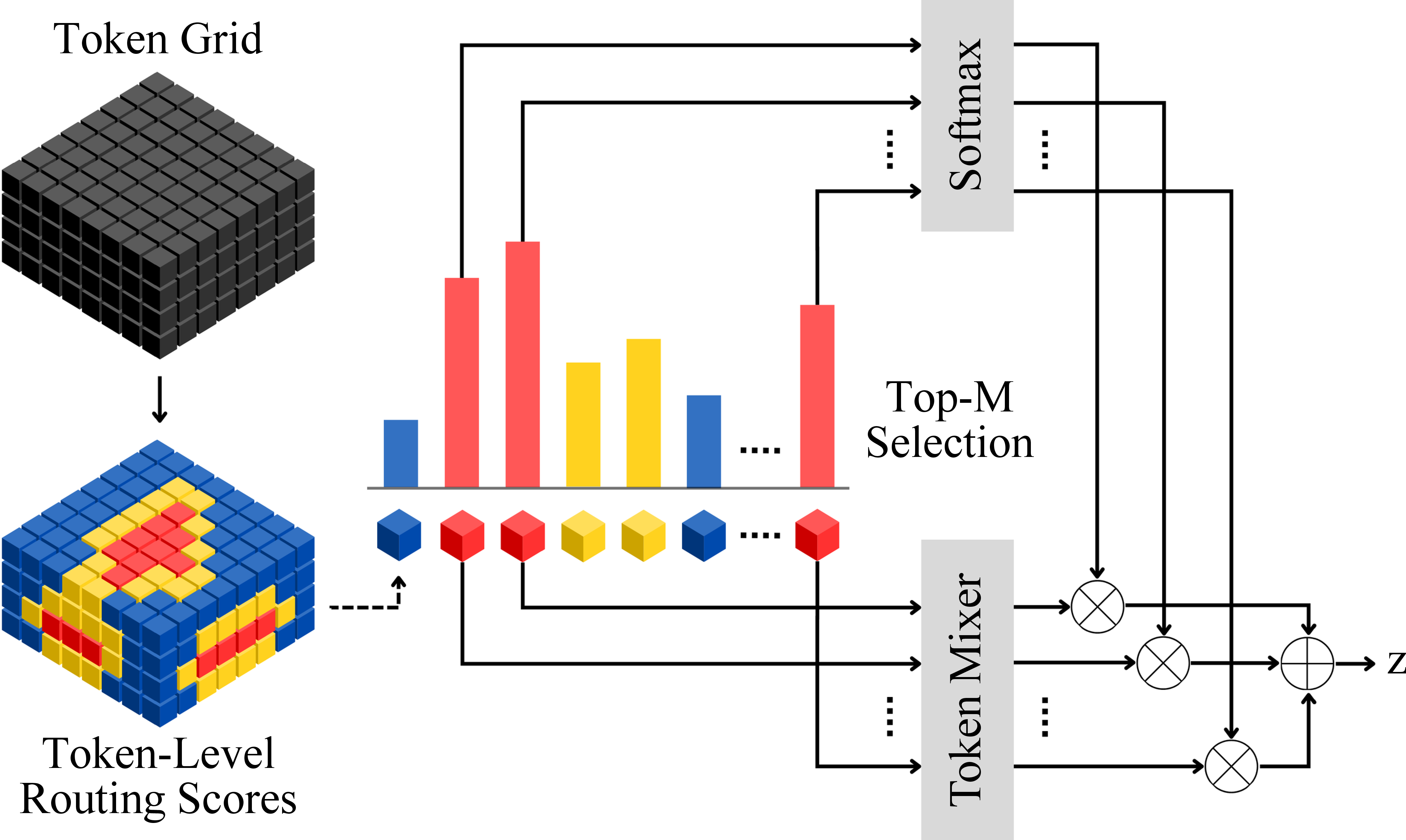 Figure 2: Shared-score routing in the student. Dense routing scores are predicted from MRI, the top-M tokens are selected for token mixing, and the same retained scores are normalized for weighted pooling.