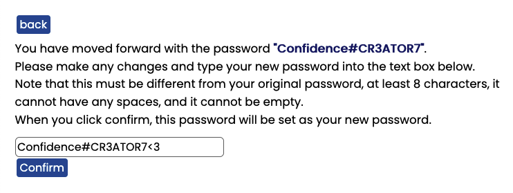 Figure 4: A view of the password-confirmation stage of the tool. In this case, the user added “3” to the selected password from 2.