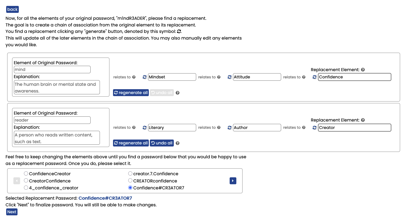 Figure 2: A view of the segment-replacement stage of the tool. Here we again refer to segments as “elements”. Users can edit the replacement element directly or by editing the chain, as well as select the replacement password.