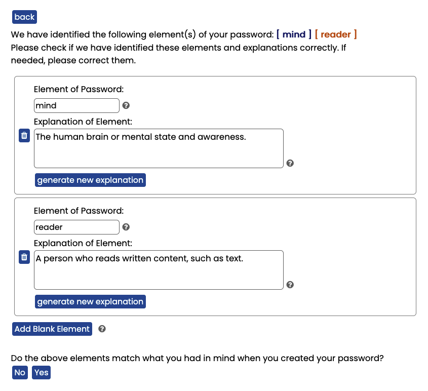 Figure 1: A view of the segmentation stage of the tool for the original password “m1ndR3ADER”. In the implementation of MindReader, we refer to “segments” as “elements”. Users can edit elements or explanations and delete or add elements.