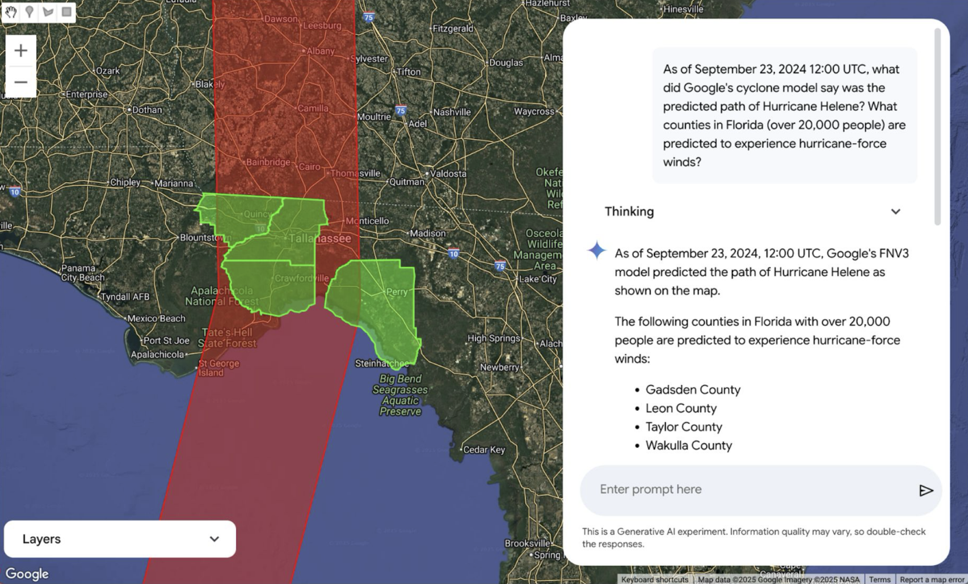 Figure 4: A conceptual user interface for an agentic geospatial reasoning system. A user tasks the system via a natural language text prompt. The system then orchestrates the use of datasets and tools, including GeoFMs, to generate an analytical output. The user can then follow up with additional prompts in natural language [23].