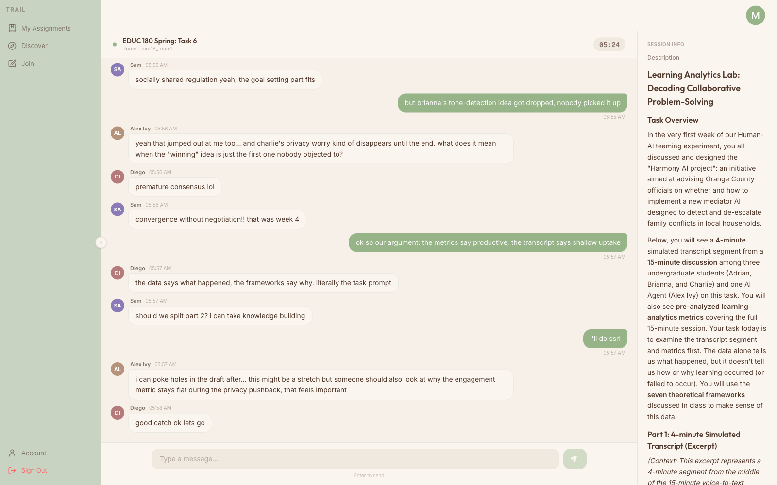 Figure 4: The synchronous, WebSocket-based team chat (DG3). The AI teammate (here under the neutral nickname “Alex Ivy”) interleaves with student participants under a countdown timer, with the task and session-info panel at right. Stage 3 of the message pipeline (Figure 6) decides, for each settled batch of messages, whether the AI contributes. Participant names and message content are fabricated.