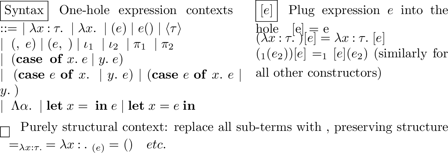 Figure 15: One-hole expression contexts. {\color{blue}\bigcirc} marks the hole; \mathcal{C}[e] plugs it.