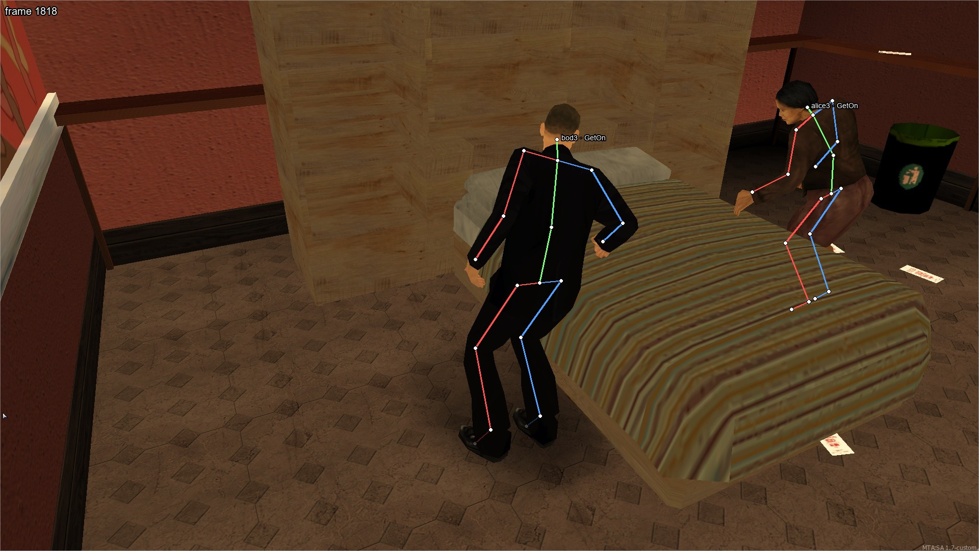 Figure 21: Pose overlay for a two-actor scene in which both actors are mounting a bed. Bones are color-coded by side (red for left-body chains, blue for right-body chains, green for the center line); the per-actor label combines the story-level actor identifier from the input GEST with the name of the active action at this frame. The skeletons come from the engine’s animation state rather than from image estimation and therefore carry no jitter and exact visibility labels.