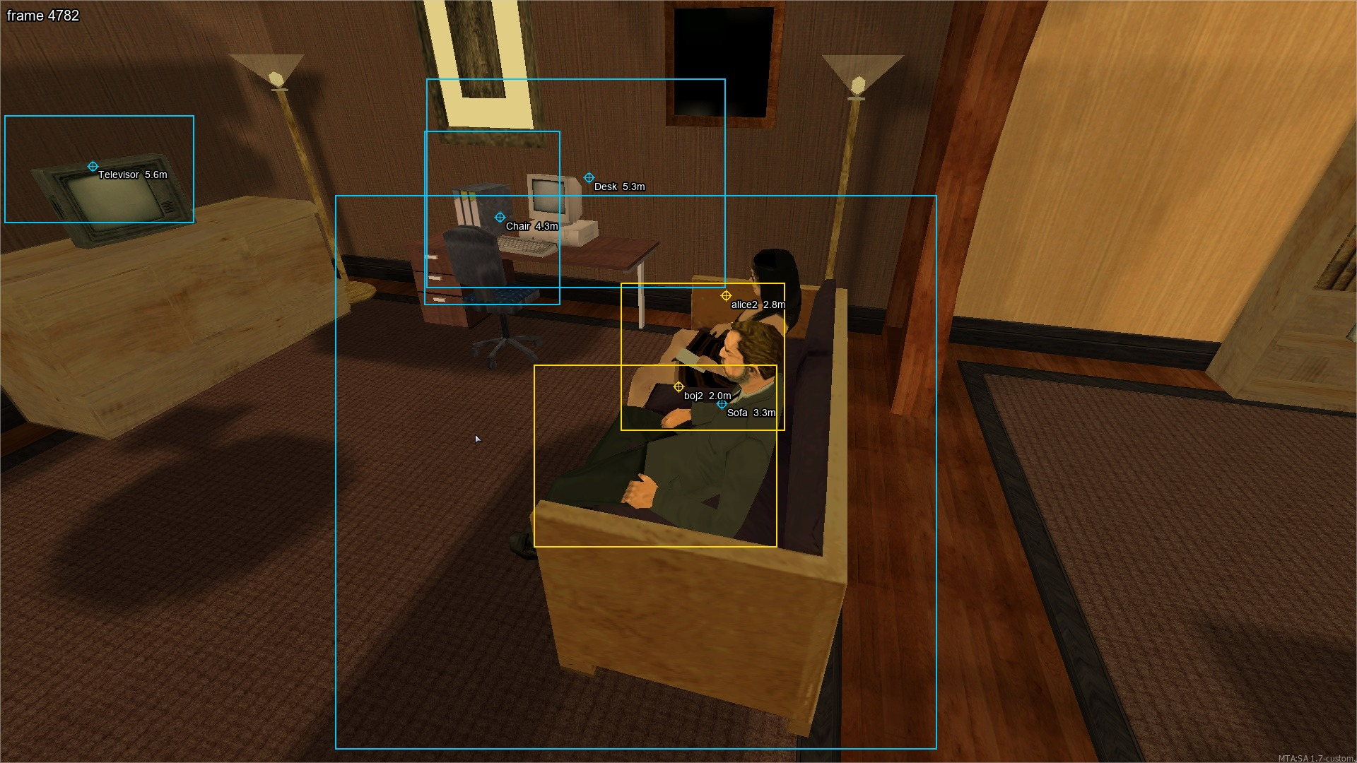 Figure 22: Screen-space alignment overlay on a living-room scene. Per-actor bounding boxes (yellow) come from the pose-bone envelope of Section 7.5.5; per-object bounding boxes (cyan) come from the engine’s collision geometry. Each entity additionally carries a center marker, a camera-relative distance label, and its story-level identifier; entities whose projections fall outside the viewport are rendered in grey.