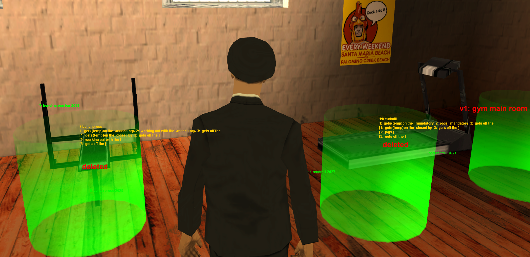 Figure 6: Templates in the World Editor. A gym environment showing three POI templates (green cylinders): gym bikes with action chains listed (“gets on, starts pedaling, gets off”) and associated objects. Each template bundles a POI, its actions, and target objects into a reusable unit.