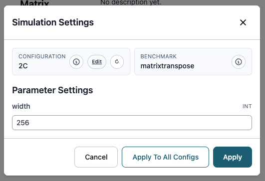 Figure 5: ArchSim parameter configuration dialog. Researchers adjust per-component parameters directly through the interface; changes are serialized into the configuration JSON and propagated to all affected simulations in the experiment matrix.