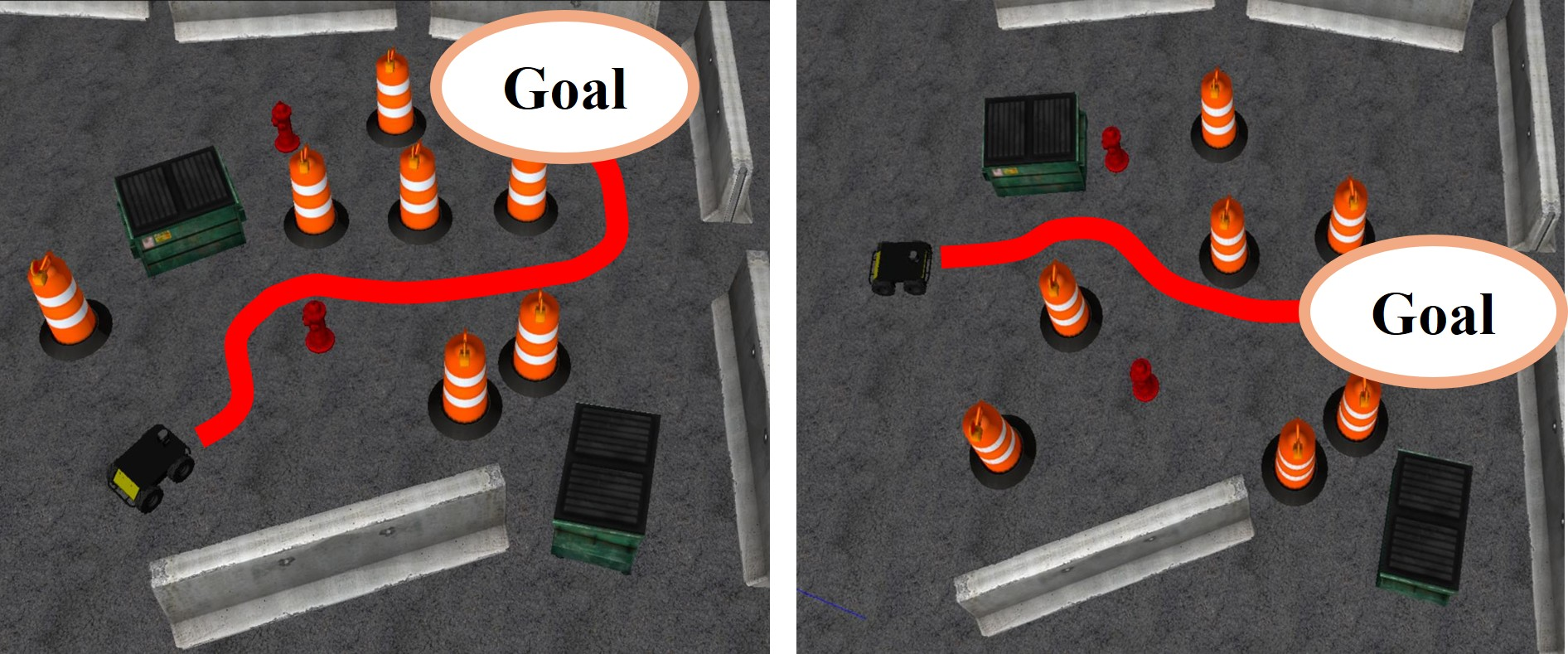 Figure 5: Gazebo evaluation with the Clearpath Husky Wheeled Platform in different obstacle layouts.