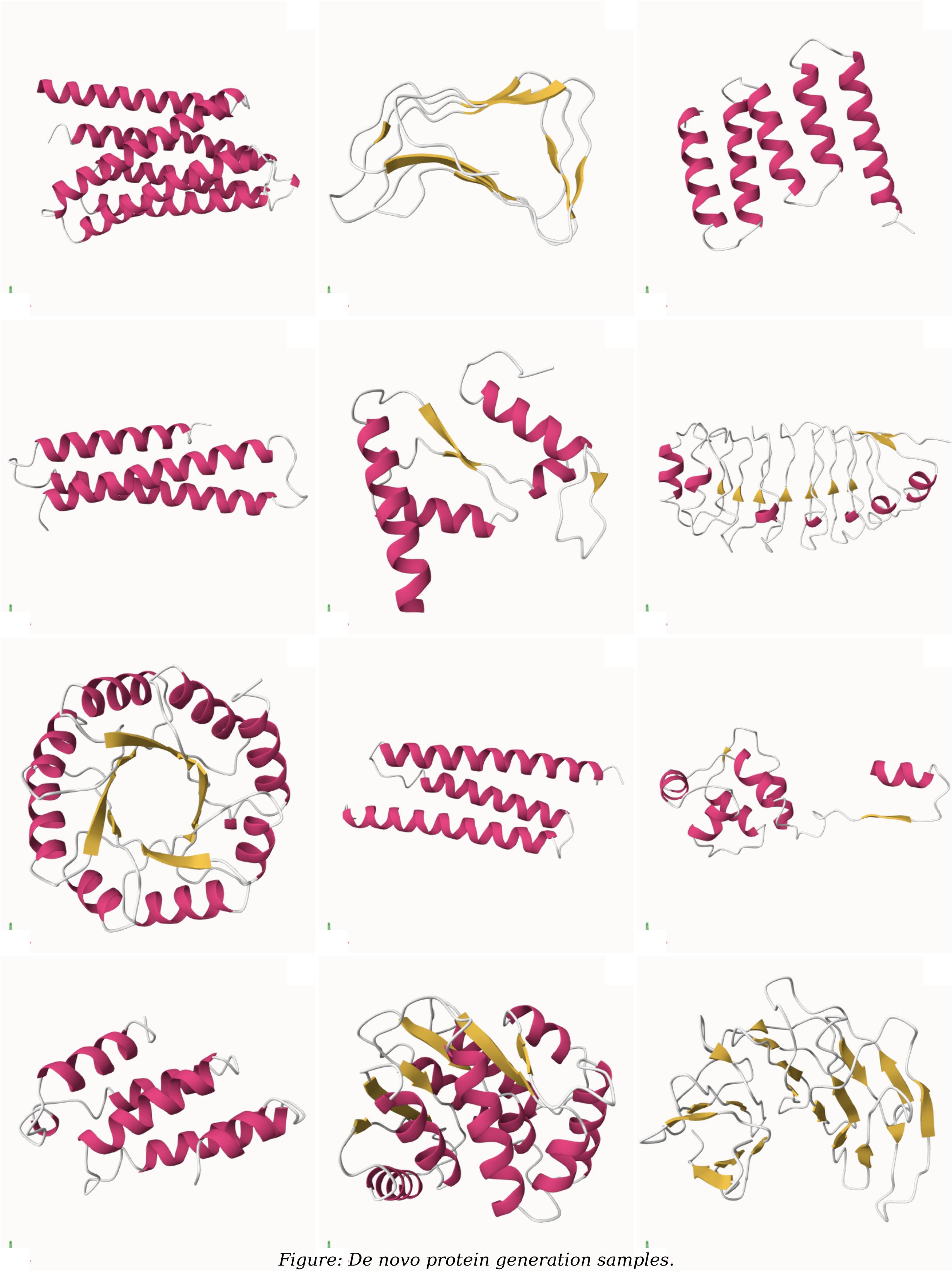 Figure 12: Generated samples on AFDB-FS. Unconditional protein backbones from the protein-only SinAE prior; structures shown as cartoon traces of the C\alpha chain.