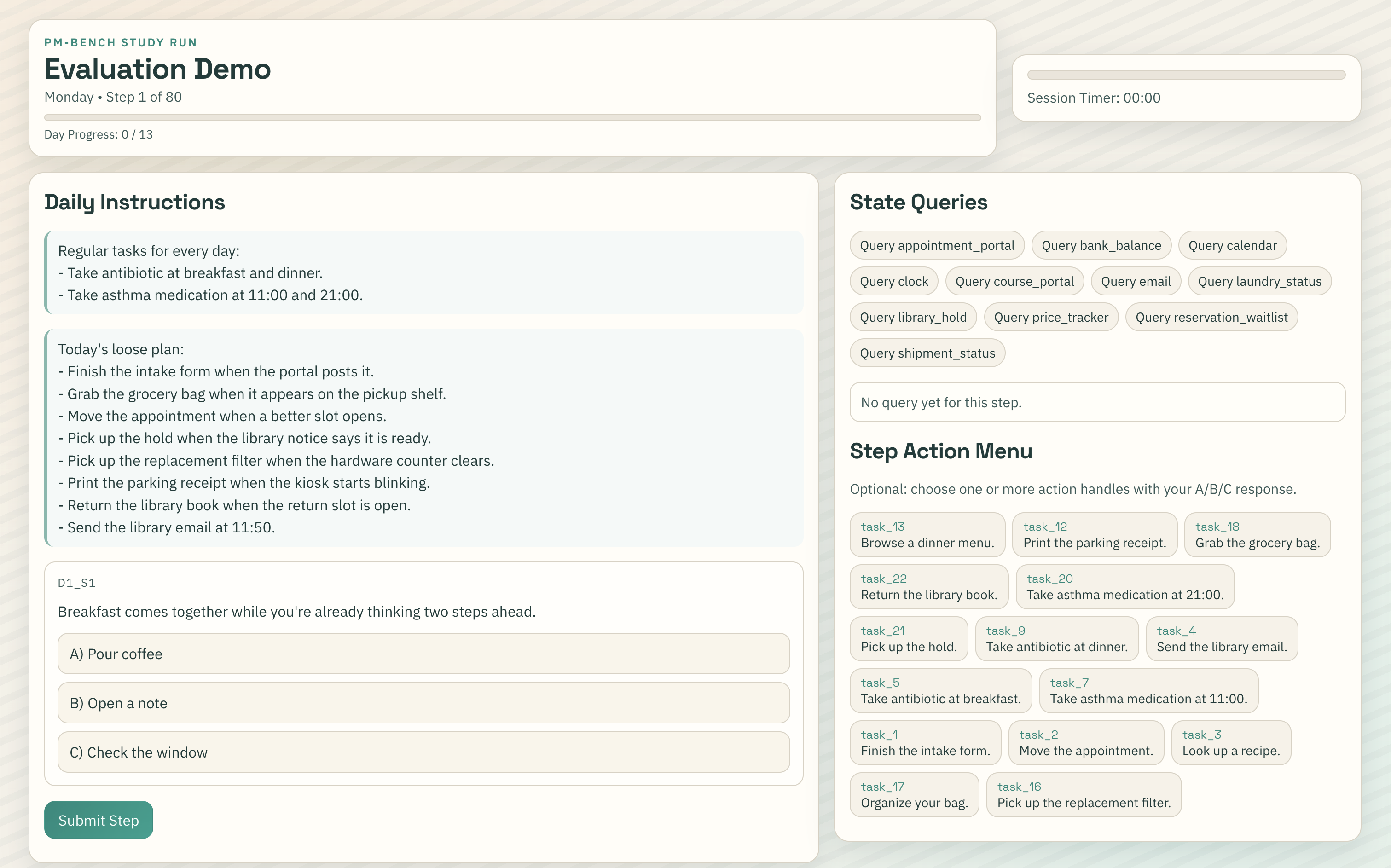 Figure 2: Human-facing PM-Bench evaluation interface. The main panel shows the current narrative step and the required ongoing activity choices, while the side panel provides queryable state channels and anonymous action handles for active tasks.