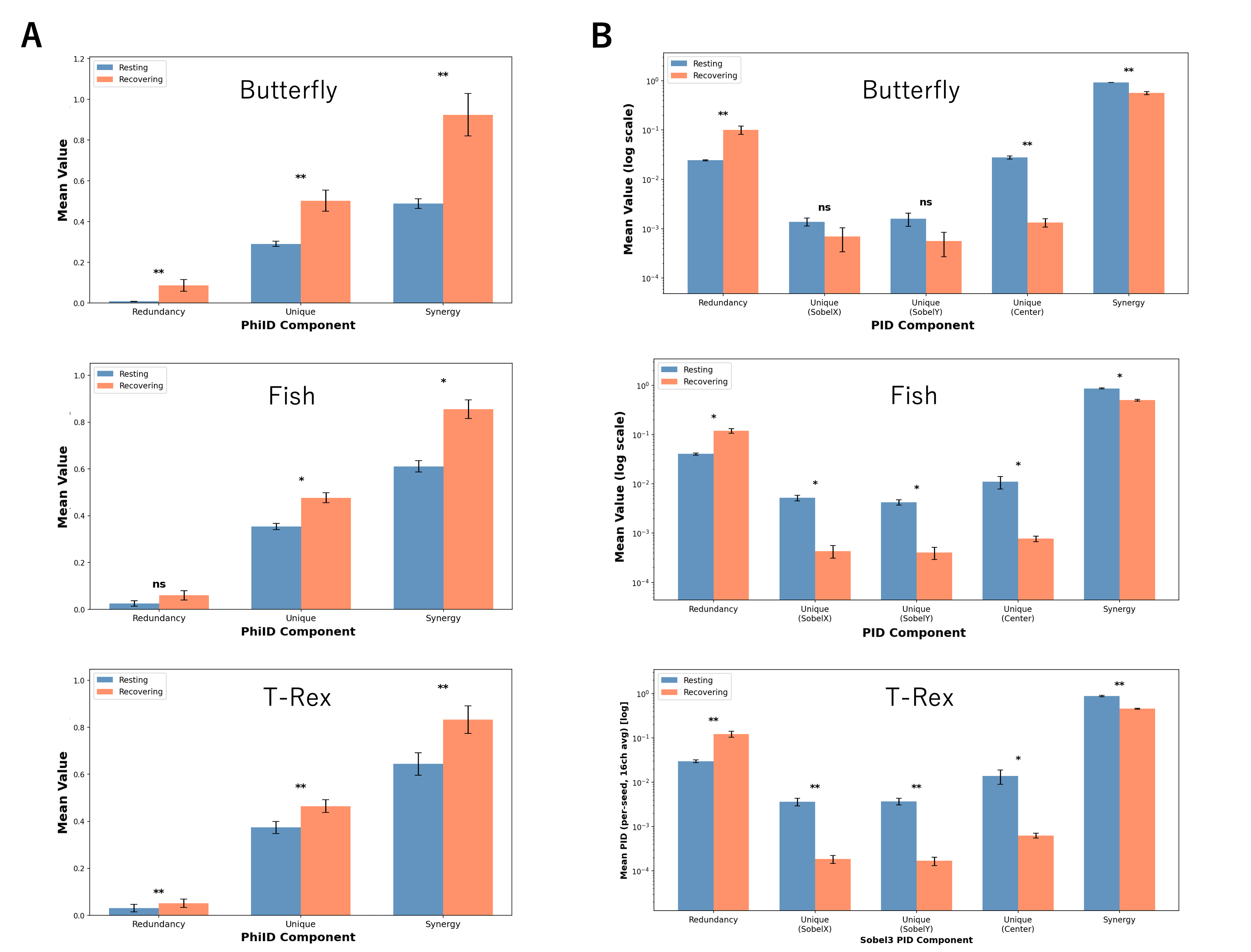 Figure 18: Information-decomposition analyses for additional target morphologies.(A) Inter-channel \PhiID components under resting and recovering conditions for butterfly, fish, and T-Rex morphologies.For all morphologies, synergy is the dominant component, followed by unique information, while redundancy remains comparatively small.Recovery increases the overall level of inter-channel information decomposition, broadly reproducing the pattern observed in the lizard morphology.(B) Spatial PID components under resting and recovering conditions for the same morphologies.Across all targets, recovery is associated with increased redundancy and reduced synergy, consistent with a shift toward redundancy-enhanced spatial coordination during repair.Bars indicate mean values and error bars indicate variability across independently trained seeds.Asterisks indicate statistical significance of resting–recovering comparisons computed at the seed level; ns indicates non-significant comparisons.