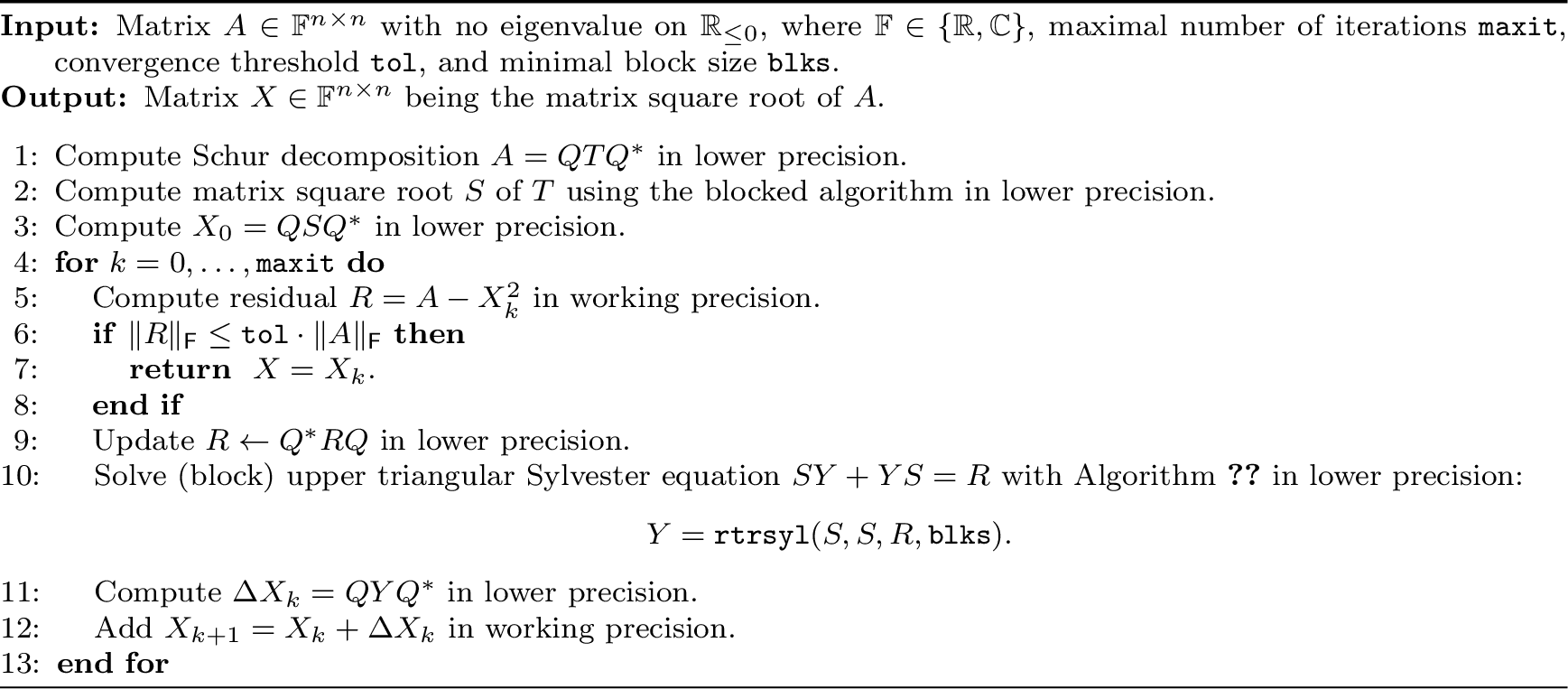 Figure 2: Mixed precision algorithm for computing matrix square roots