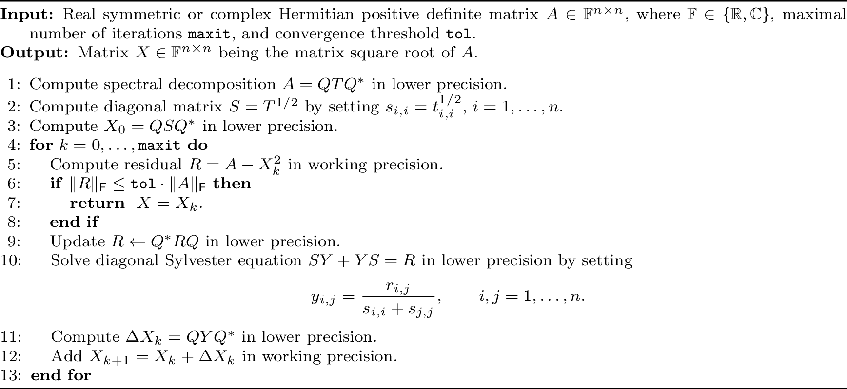Figure 3: Mixed precision algorithm for computing matrix squareroots of symmetric / Hermitian positive definite matrices