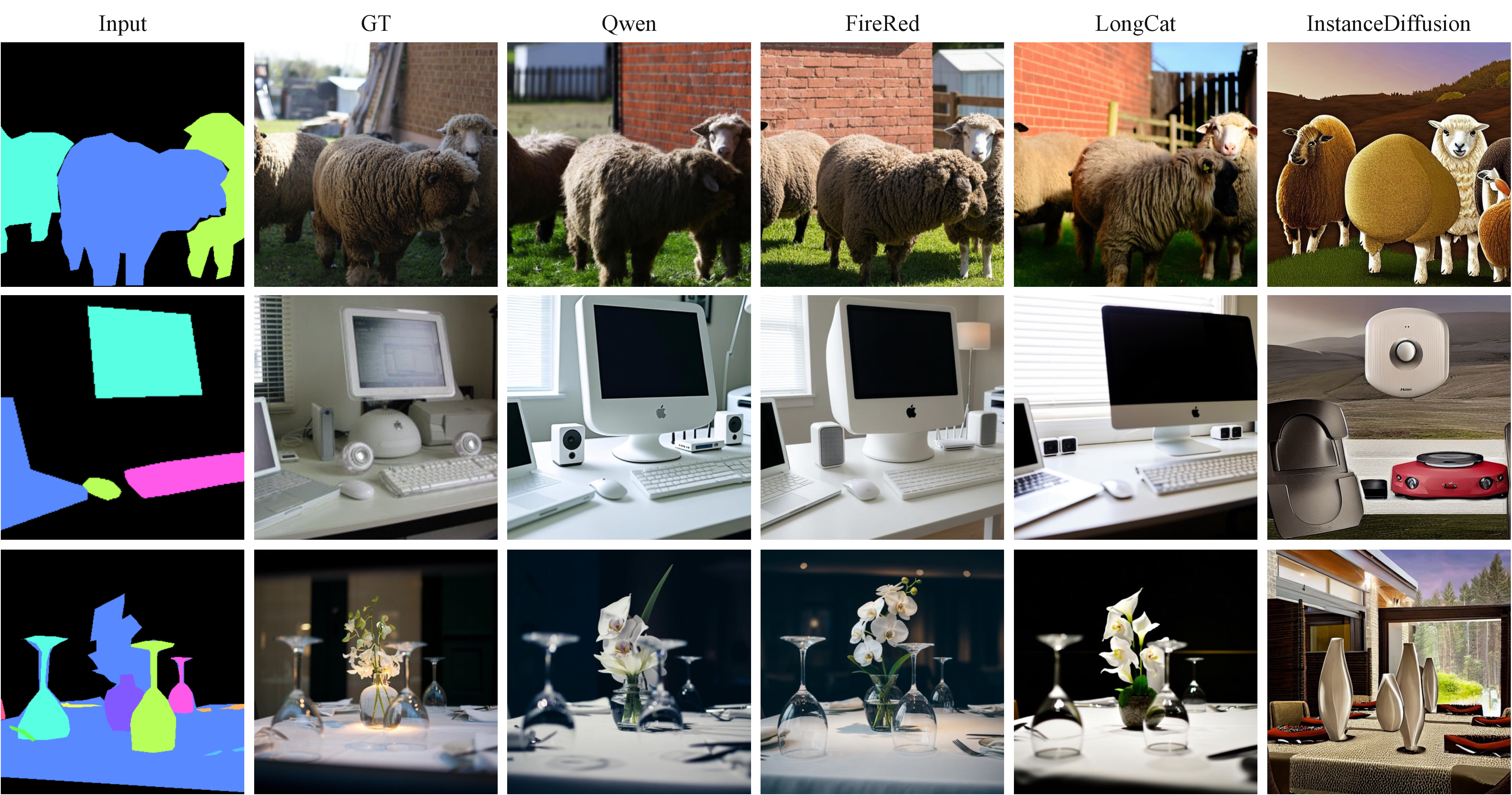 Figure 13: Qualitative instance map conditioned generation on COCO2017 validation. The same RGB instance maps and re-captioned prompts are given to all three zero-shot editors. The examples show that the RGB-in/RGB-out interface preserves per-instance placements without an instance encoder, while editor backbones differ in texture realism and small-instance fidelity.