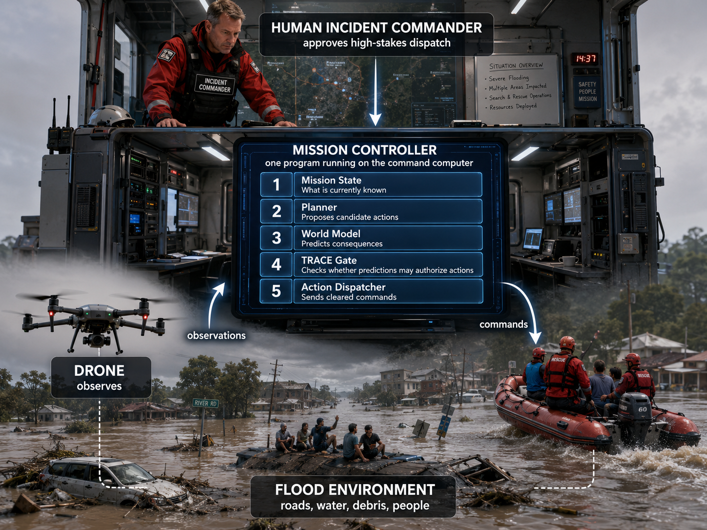 Figure 3: The flood search-and-rescue setting for the vignette. A single Mission Controller runs the mission state, planner, predictive world model, TRACE gate, and action dispatcher on the command computer; a survey drone supplies observations; a rescue boat executes an authorized dispatch; and a human Incident Commander approves high-stakes actions. TRACE neither flies the drone nor drives the boat: it audits, at the gate, whether a prediction may authorize an irreversible dispatch. The scene is illustrative and the consequences are simulated. The scene is an AI-generated illustration.