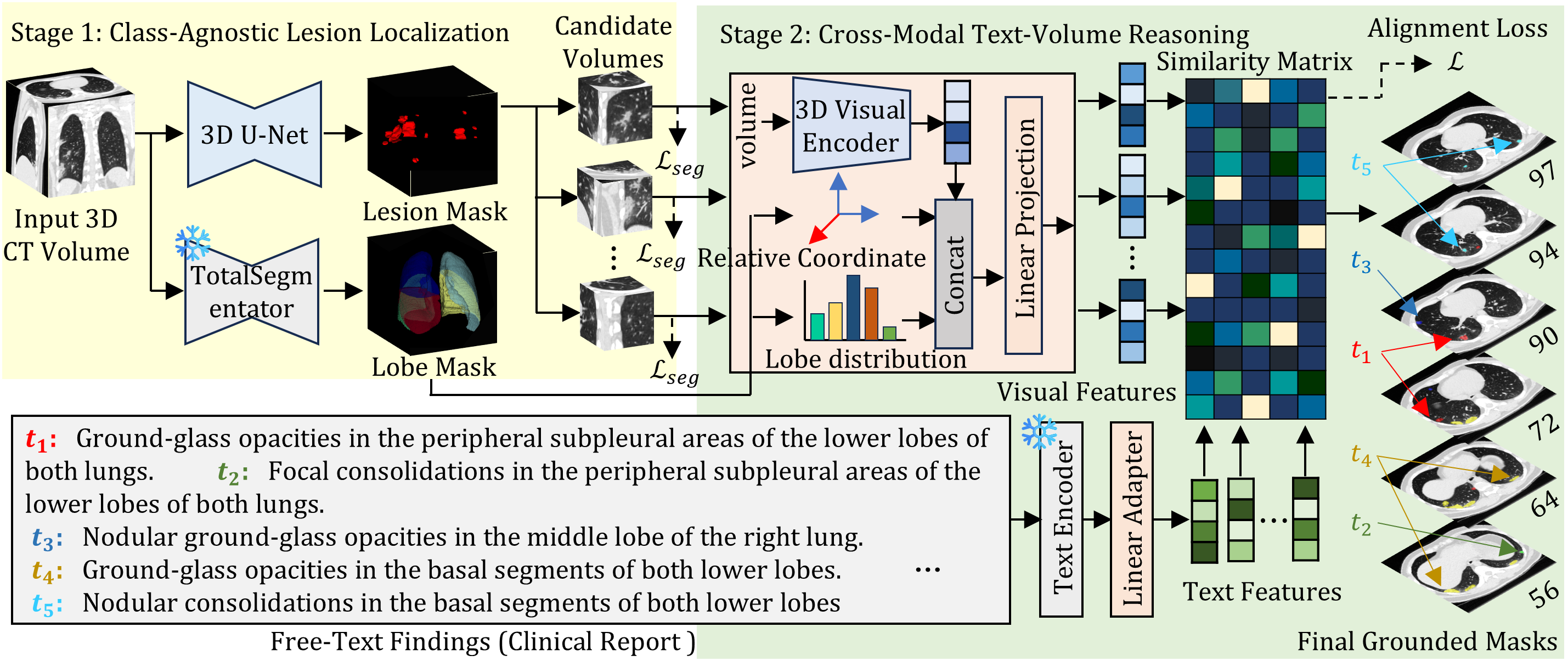 Figure 1: Overall architecture of the proposed DAGG framework. Stage 1 localizes class-agnostic candidate lesions and parses anatomy, while Stage 2 aligns text embeddings with anatomically-enriched visual features via independent pairwise alignment.