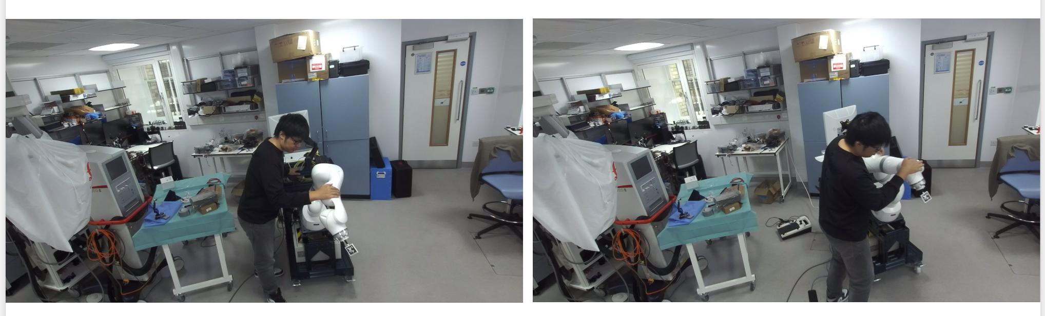 Figure 2: The example video frame obtained in occlusion displacement sequence 0_1 (left, mild occlusion), 3_4 (right, heavy occlusion), viewed from the left camera with the operator moving the robot while the body is partially blocking the robot at different level