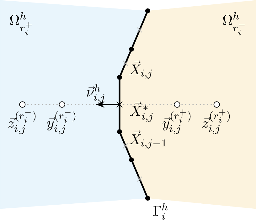Figure 3: Charge-simulation set-up near a polygonal curve \Gamma^h_{i}.