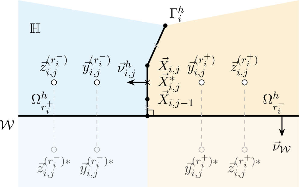 Figure 5: Half-space charge-simulation construction near the Neumann wall \mathcal{W}.