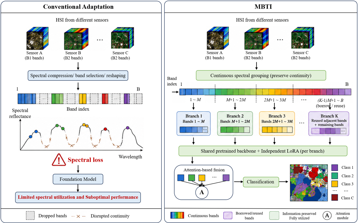 Figure 1: Spectral information loss in conventional adaptation vs. spectral-continuity-preserving multi-branch adaptation.