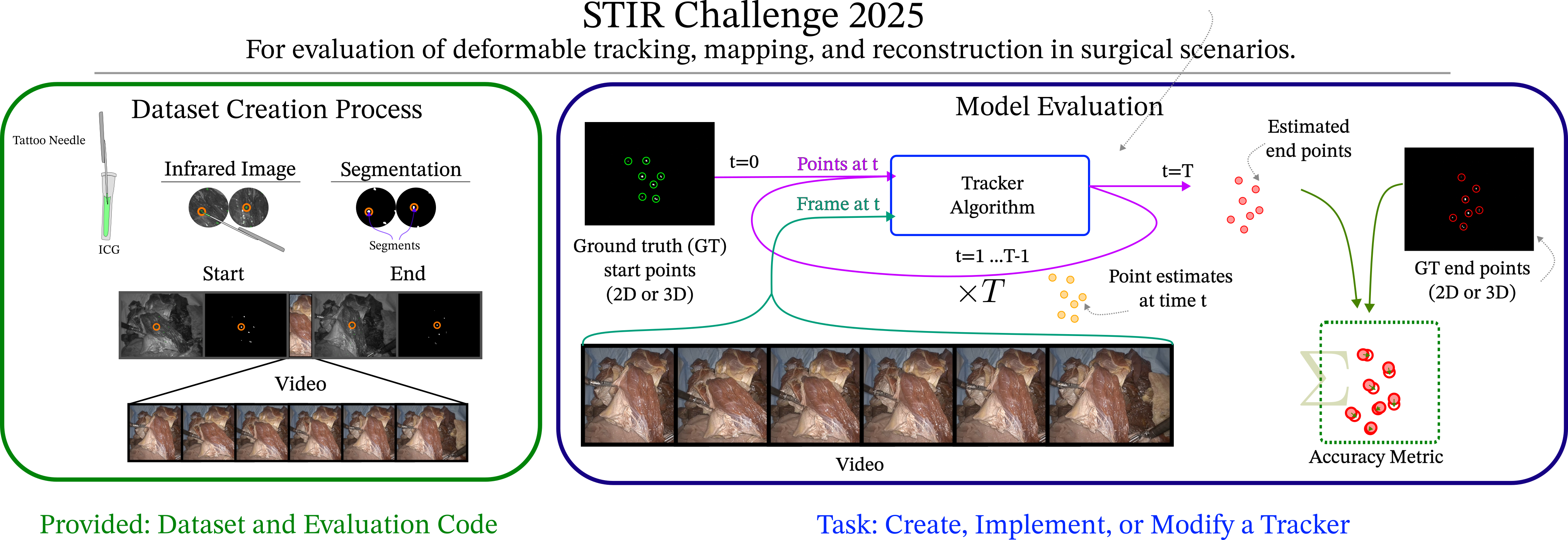 Figure 1: This figure describes the STIR Challenge 2025. Participants submit their algorithms in a docker container. The algorithm receives a video and a list of start points from each sequence in the dataset. Participants use their tracker to estimate the motion of a set of points for every frame in a video. Videos are provided in a streaming manner. The final estimates are then compared to the ground truth labels at the end of the video (Section 2). The errors are then averaged across all points to obtain the final metrics in 2D or 3D (Section 3). Latency is calculated alongside the inference for those who participated in the efficiency component of the challenge.